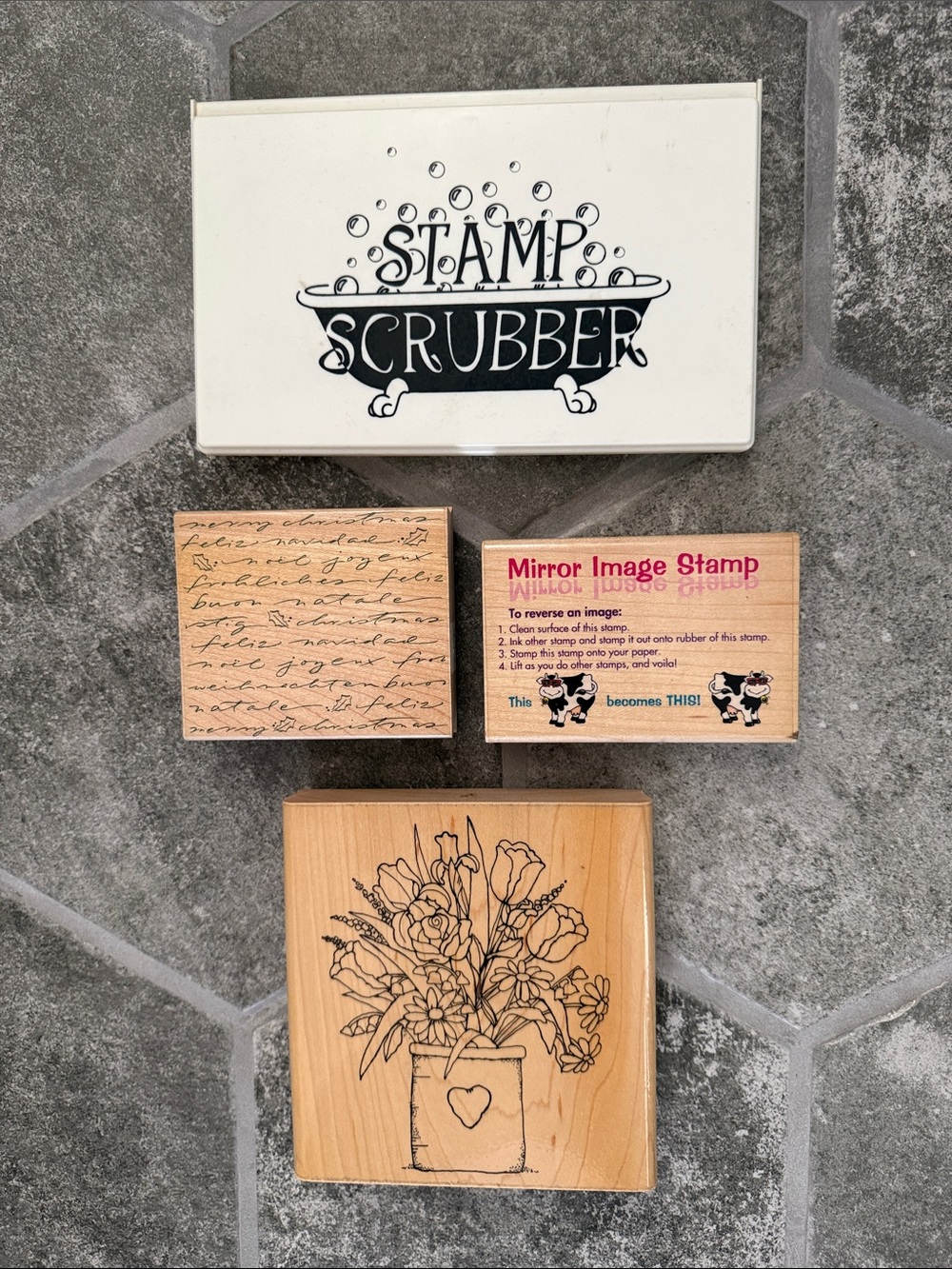 Set of 4:  Rubber Stamps &  Stamp Scrubber D.O.T.S. Rubber Stampede, Hero Arts